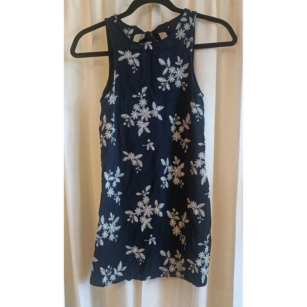 Aeropostale XS Navy Blue/White Floral Embroidered Keyhole Back‎ Tie Neck Dress